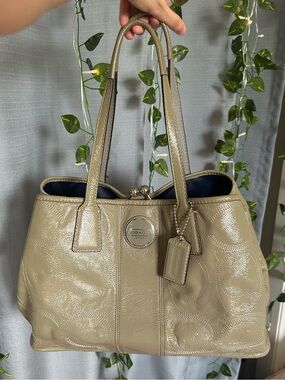 Coach Patent Leather Shoulder Tote in Olive Green